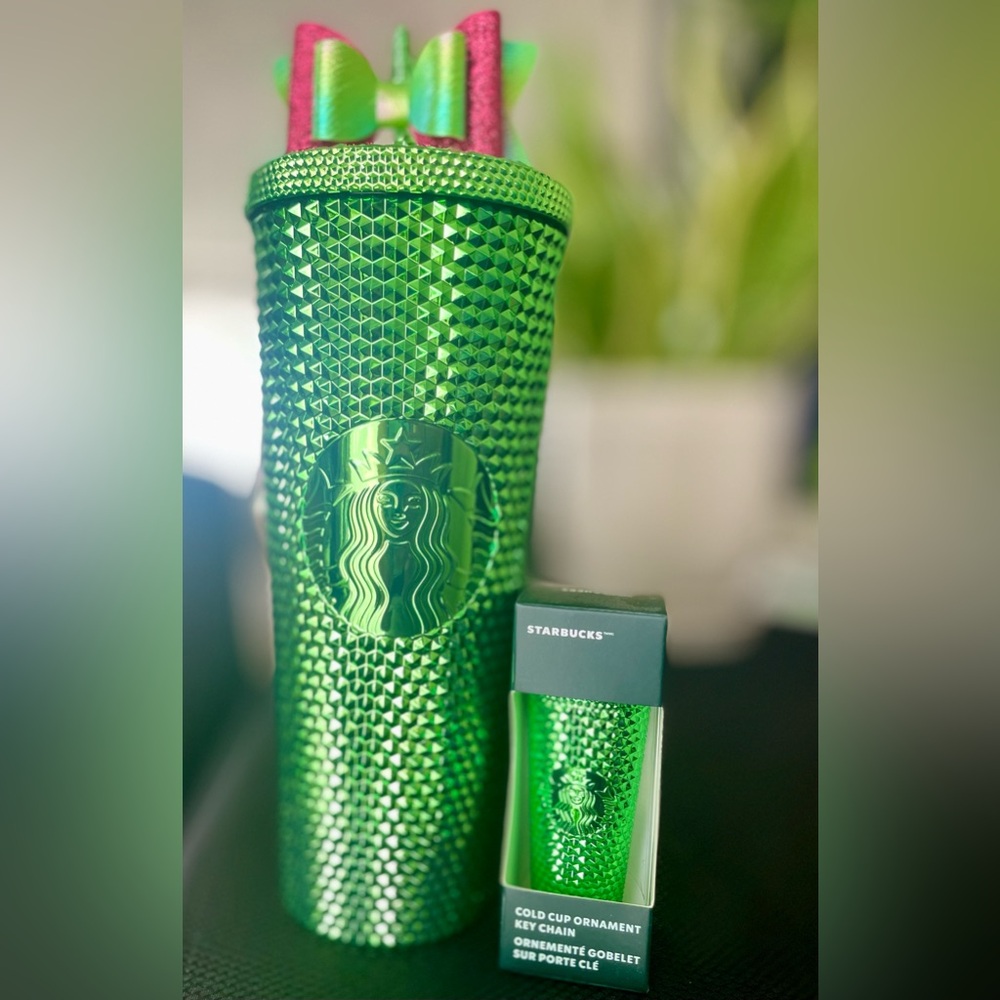 Starbucks Chrome Green studded Tumbler and matching keychain